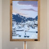 Tableau Chamonix en hiver, et son cadre en vieux bois de l'artiste Nicholas PERILLI en vue de face.