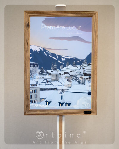 Tableau Chamonix en hiver, et son cadre en vieux bois de l'artiste Nicholas PERILLI en vue de face.