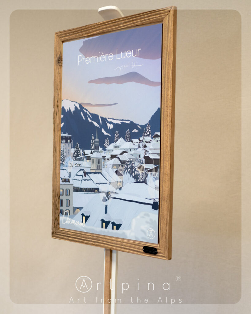 Tableau Chamonix en hiver, et son cadre en vieux bois de l'artiste Nicholas PERILLI en vue de côté.