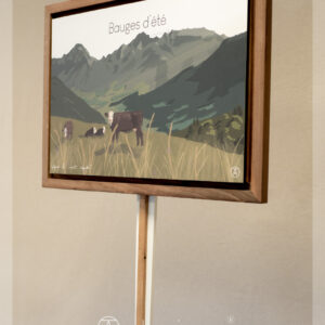 Tableau Bauges d'été, et son cadre en noyer massif de l'artiste Nicholas PERILLI en vue de coté.