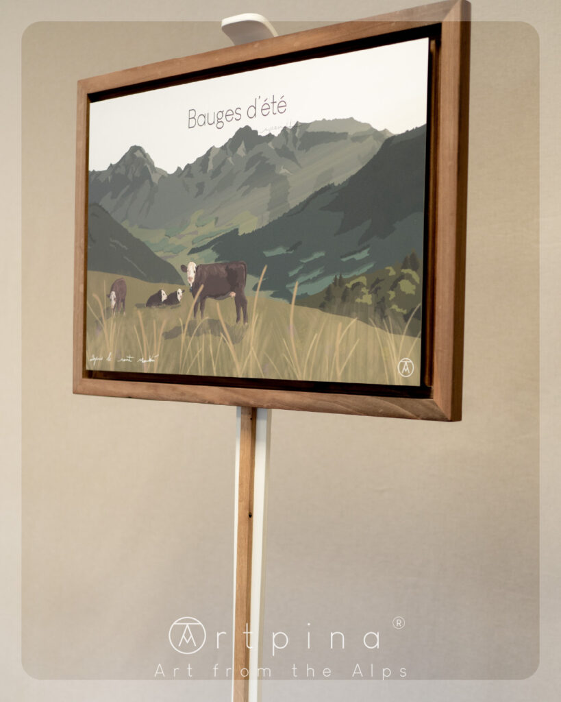 Tableau Bauges d'été, et son cadre en noyer massif de l'artiste Nicholas PERILLI en vue de coté.