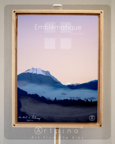 Tableau de Savoie, L'Arclusaz, et son cadre en frêne massif de l'artiste Nicholas PERILLI en vue de face.