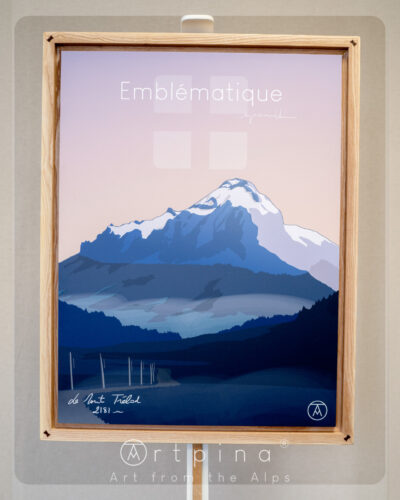 Tableau de Savoie, le mont Trélod, et son cadre en frêne massif de l'artiste Nicholas PERILLI en vue de face.
