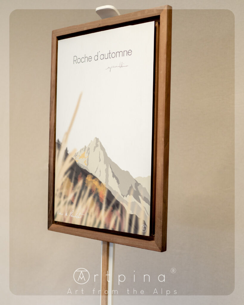 Tableau Montagne des Alpes - Pendet, et son cadre en noyer massif de l'artiste Nicholas PERILLI en vue de coté.