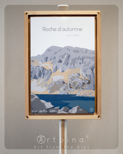 Tableau Lac des Sept Laux, et son cadre en frêne massif de l'artiste Nicholas PERILLI en vue de face.