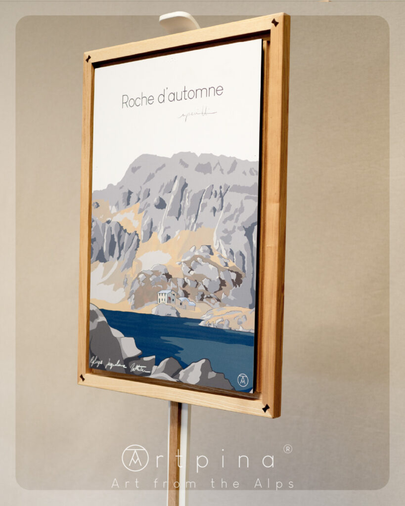 Tableau Lac des Sept Laux, et son cadre en frêne massif de l'artiste Nicholas PERILLI en vue de coté.