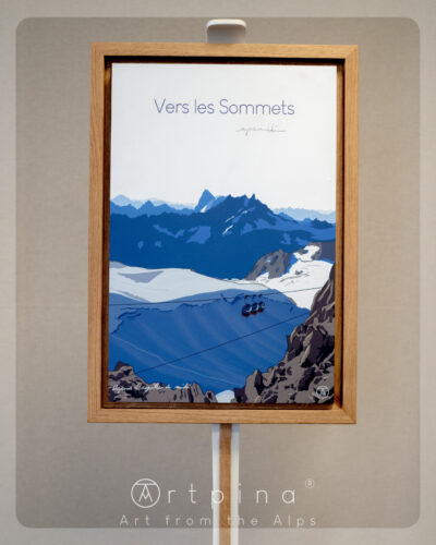 Tableau Chamonix Mont Blanc, et son cadre en chêne massif de l'artiste Nicholas PERILLI en vue de face