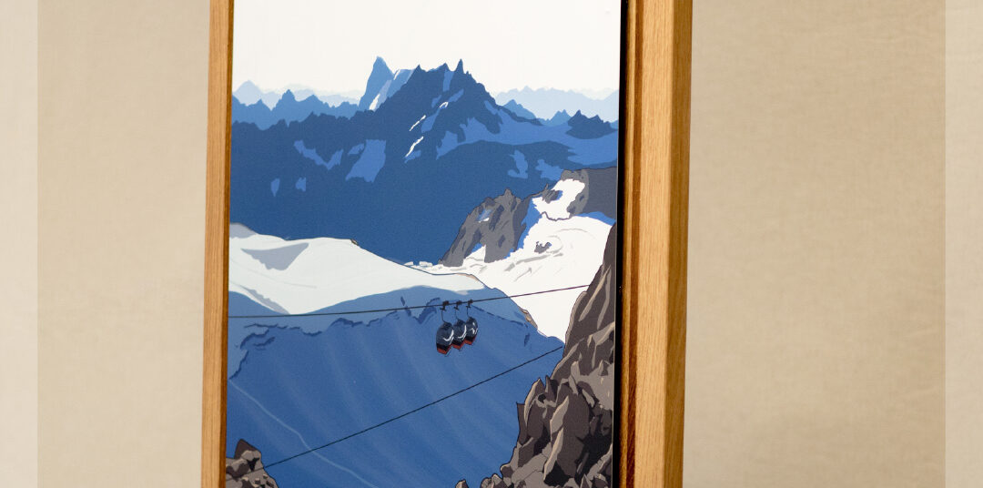 Tableau Chamonix Mont Blanc Tableau Chamonix Mont Blanc, et son cadre en chêne massif de l'artiste Nicholas PERILLI en vue de coté.