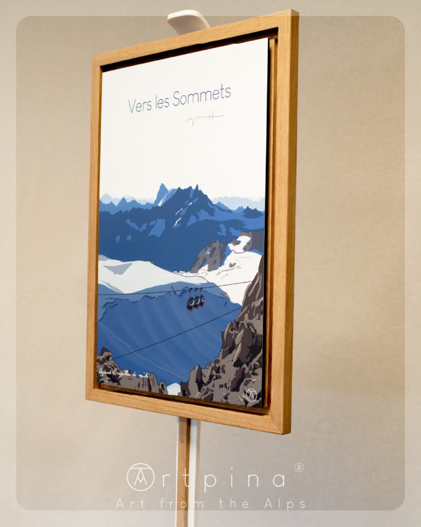Tableau Chamonix Mont Blanc, et son cadre en chêne massif de l'artiste Nicholas PERILLI en vue de coté.