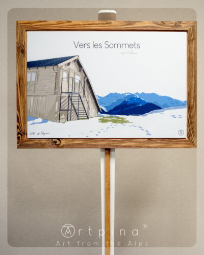 Tableau Chalet de montagne, et son cadre authentique en vieux bois de l'artiste Nicholas PERILLI en vue de face.