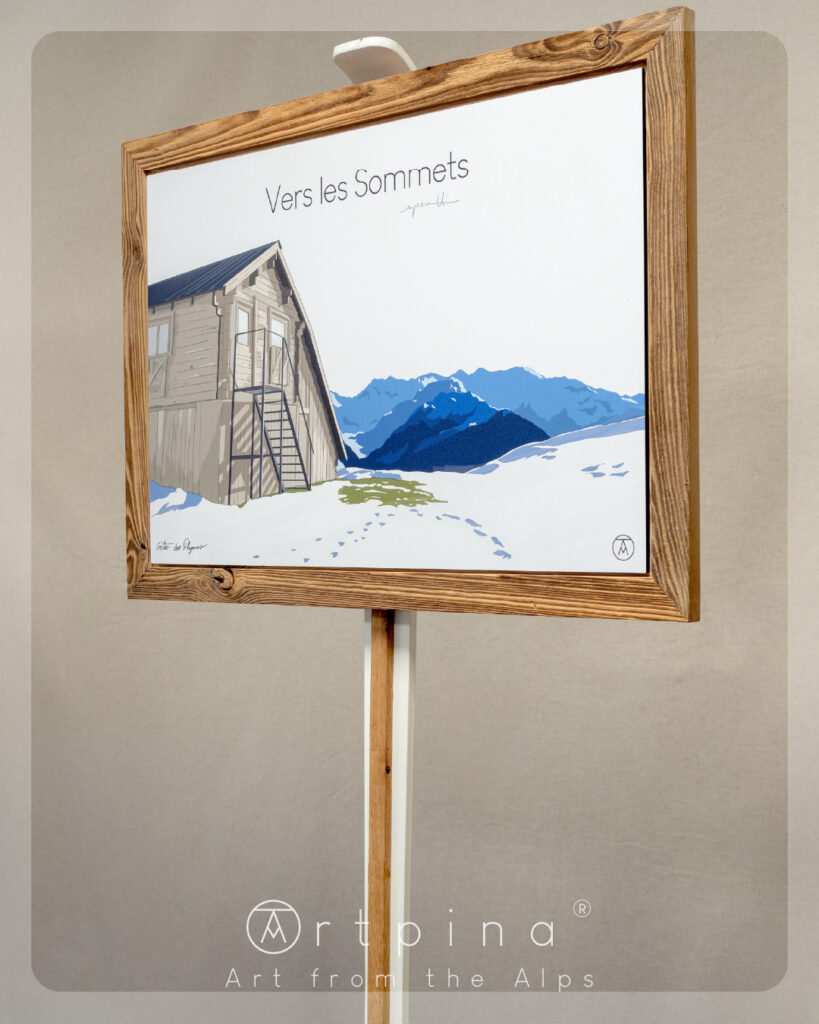 Tableau Chalet de montagne, et son cadre authentique en vieux bois de l'artiste Nicholas PERILLI en vue de coté.